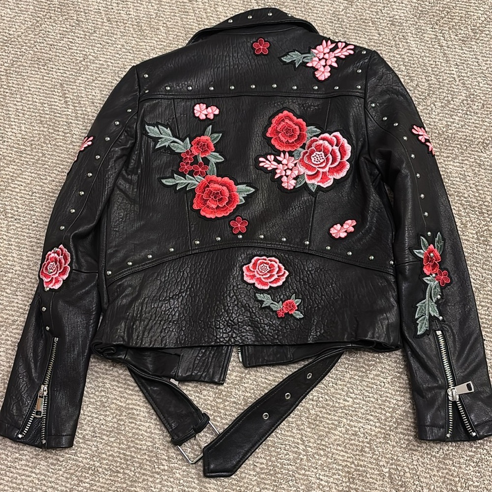 Belle Vere black leather motorcycle jacket with embroidered flowers size S - Picture 7 of 8